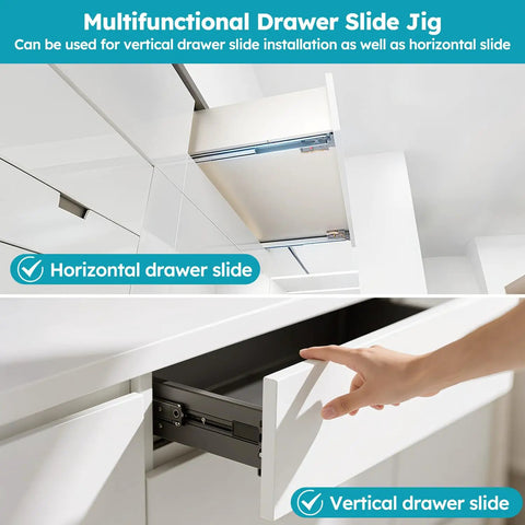 Heavy Workhorse Drawer Slide Jig With Toggle Clamp And Magnetic Arm For Slick Cabinet Alignment Quick Setup Woodworking Guide, showcasing vertical and horizontal drawer slide installation.