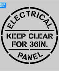 36 Inch Circular Floor Stencil Keep Electrical Panel Straight Up Clear For Real No Shortcuts OSHA Compliant Safety Warning Decal shown in black on gray background.