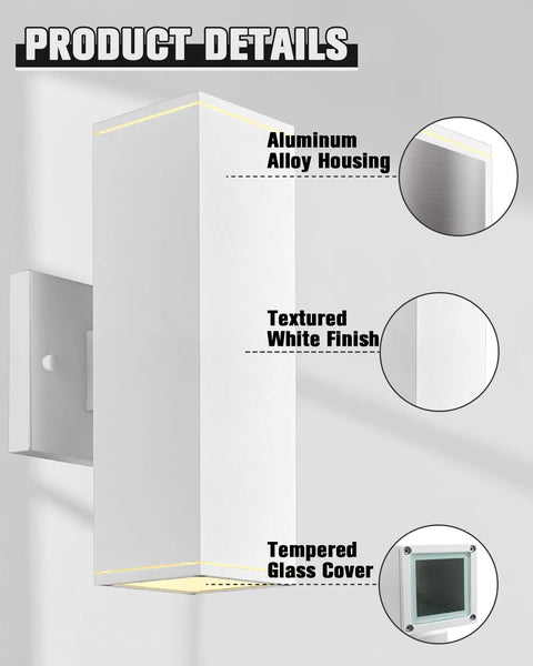 Square Outdoor Wall Light Fixture For Porch And Front Door Modern Exterior Sconce Lighting in textured white finish with aluminum housing.