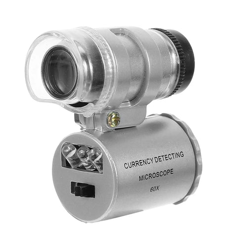 60x Pocket Microscope With LED Light For Jewelry And Currency Inspection, compact design, used for gemstones and coins