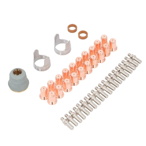 Heavy Duty Plasma Cutting Torch Electrode Tip Kit Made For Fast Changeouts And Top Tier Cutting Results includes 20 copper tips, caps, and guide rings.