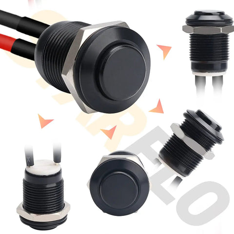 Multiple views of 12mm Momentary Push Button Switch Waterproof IP65 Black Aluminum Alloy Shell Pre Wired 5 Pack Tough As Nails Normally Open