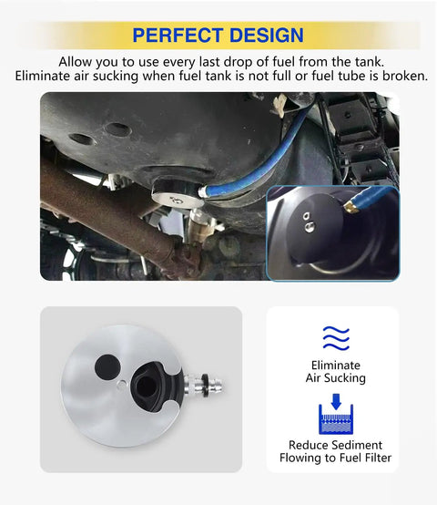Fuel Tank Sump Kit For High Flow Lift Pumps Keeps Every Last Drop In, shown in use under vehicle, eliminates air pockets