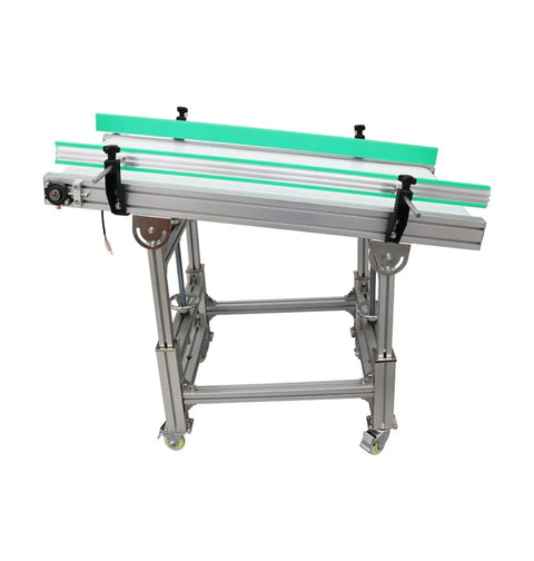 110V PU Belt Inclined Wall Conveyor With Double Baffle, 48 Inch Long Belt, 20 Inch Wide, Adjustable Automatic Speed, four wheels