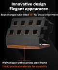 Coffee Bar Game Changer Clear Airtight Bean Storage Jars On Solid Walnut Base Heavy Duty Steel Frame Rack angled 45° for display.