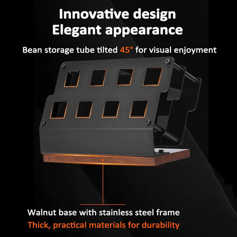 Coffee Bar Game Changer Clear Airtight Bean Storage Jars On Solid Walnut Base Heavy Duty Steel Frame Rack angled 45° for display.