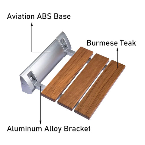 Folding Shower Seat Wall Mounted Bench Teak Wood Chair With 350 Lb Capacity Water Repellent Lacquer Finish Aluminum Bracket