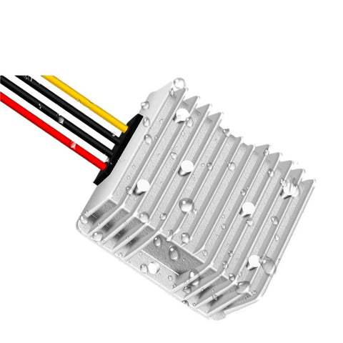 Close-up of Road Warrior 48V To 13.8V Step Down Converter showing water-resistant design, suitable for trucks and boats.