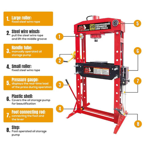 50 Ton H Frame Hydraulic Shop Press With Floor Plates For Garage And Workshop Heavy Duty Beast Steel Construction with labeled parts diagram