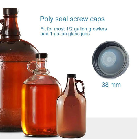 Set of 12 Pack 38mm Growler Caps With Durable Poly Seal Lids For Half Gallon And One Gallon Glass Jugs Replacement Tops shown