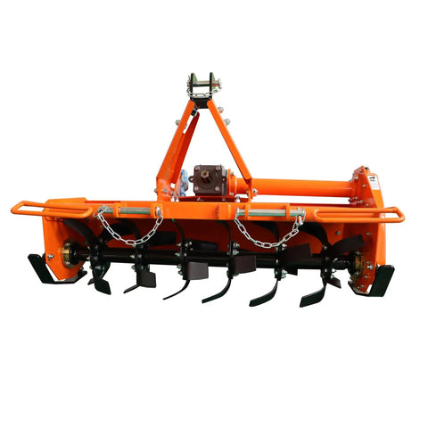 49 Inch 3 Point Rotary Tiller Attachment For Cat 1 Tractors 20 To 30 HP PTO Compatible Lightweight Cultivator, orange finish front view