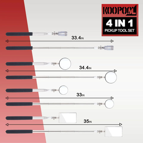 4 In 1 Telescoping Inspection Mirror Kit with LED Light, flexible reach, magnetic pickup, round and square heads for automotive maintenance.