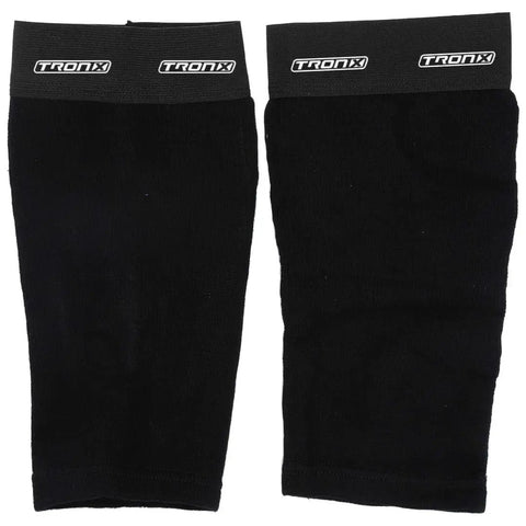 Ice Hockey Shin Guard Tight Sleeves For Senior, Adult, And Junior Players in black fabric with logo, side-by-side view