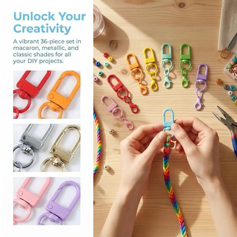 36 Pcs Colorful Swivel Snap Hooks Lobster Claw Clasps For Diy Crafts Jewelry Making in assorted colors on a wooden table.