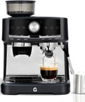 Top Shelf 20 Bar Espresso Maker With Built In Coffee Grinder And Pro Steam Frother For Cafe Quality Shots Featuring 30 Precision Grind Settings And Durable Stainless Steel Black Finish brewing espresso into a glass.