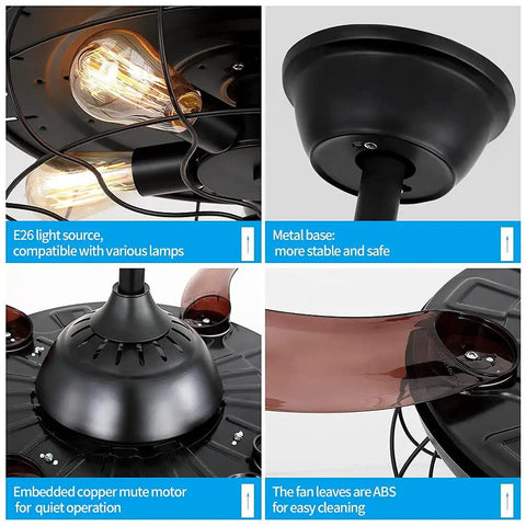42 Inch Ceiling Fan With Lights Remote Control And Retractable Blades In Vintage Industrial Cage Black Finish Dope Quiet Copper Motor Four Blades For Strong Airflow Edison Bulbs Not Included Living Room Bedroom, showing detailed components like E26 light socket, stable metal base, copper motor, and ABS blades.