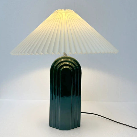 LED Bedside Table Lamp With Pleated Shade Cream Ceramic Retro Rural Style Ambient Light For Bedroom Living Room Porch Or Office Energy Efficient Decor Lamp For Cozy Nighttime Vibes with green ceramic base and pleated fabric shade