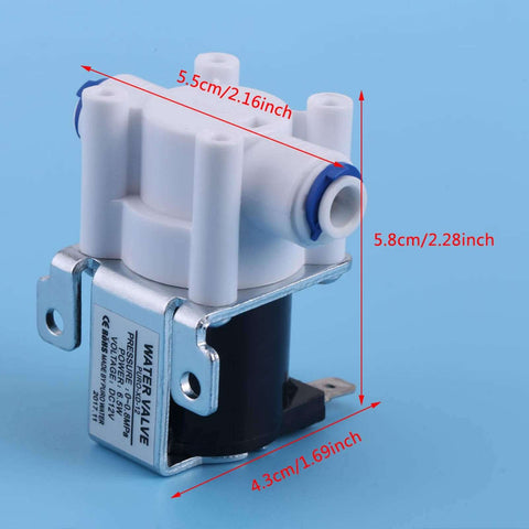 DC 12V Solenoid Valve Normally Closed For Water Purifier And Filter Systems with copper coil and plastic body, shown with dimensions