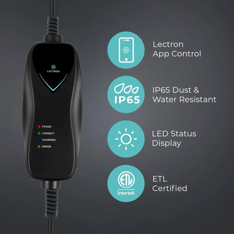 Easy Plug In Level 1 Portable EV Charger For Tesla 120V 15A With 16 Ft Cord, NEMA 5-15, WiFi Enabled, showing LED and certifications