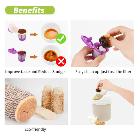 Benefits of Unbleached K Cup Coffee Filters With Lid For Reusable Coffee Cups Disposable Filter Pack Fits All Single Serve Brewers 300 Count Great For Home Brewing Mess Free Natural Wood Pulp shown