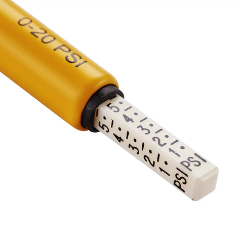 Close-up of Low Pressure Pencil Tire Gauge 0-20 PSI For Turf Equipment ATVs And UTVs with PSI scale and yellow casing.