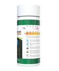Bottle of 2 In 1 Soil And Nitrogen Test Strips Kit For Garden Lawn And Pots 120 Count showing pH and nitrogen levels chart.