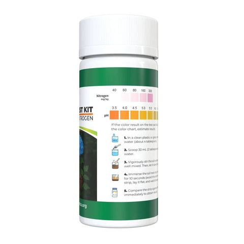Bottle of 2 In 1 Soil And Nitrogen Test Strips Kit For Garden Lawn And Pots 120 Count showing pH and nitrogen levels chart.