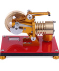 Sick Yellow Stirling Engine Desktop Model Built From Heavy Duty Aluminum Brass And Stainless Steel With A Rock Solid Hot Air Drive For Epic Science Demonstrations Daily, showcased on a red base.