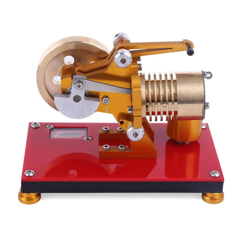 Sick Yellow Stirling Engine Desktop Model Built From Heavy Duty Aluminum Brass And Stainless Steel With A Rock Solid Hot Air Drive For Epic Science Demonstrations Daily, showcased on a red base.