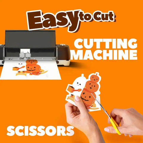Person using scissors to cut pumpkins from printable sheet in cutting machine, PU Heat Transfer Paper For Inkjet Printer, Dark Fabric Iron On Transfers, 10 Sheets 8.5x11, Printable Heat Transfer Vinyl For T Shirts, Vibrant Colors, Washable, Easy Peel And Quick Set.