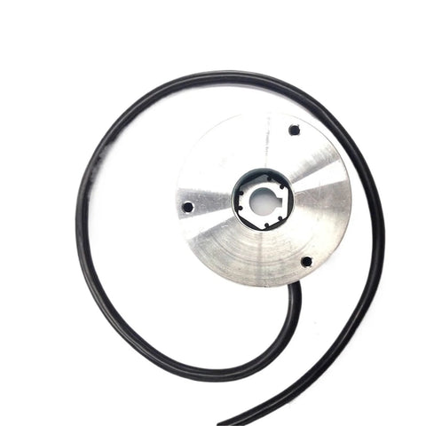 Front view: electromagnetic brake for forklifts, DC24V, round silver brake housing with central bore and black cable.