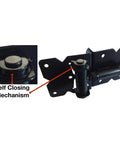 Black Vinyl Fence Gate Hardware Kit With Self Closing Parts And Heavy Duty Hinges Paired With A Lockable Latch close-up of self closing mechanism