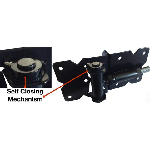 Black Vinyl Fence Gate Hardware Kit With Self Closing Parts And Heavy Duty Hinges Paired With A Lockable Latch close-up of self closing mechanism