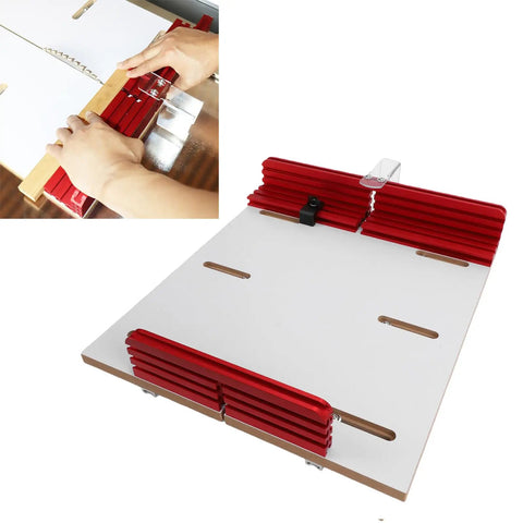 Universal Table Saw Crosscut Sled With Adjustable Aluminum Fence Provides Dead Nuts Accurate Cuts For Smooth Woodworking Projects Built Tough For Killer Precision During Every Cut, showing hands adjusting fence.
