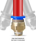Front close-up of brass push-to-connect pneumatic fitting with blue release collar on red tube, 1/4 in G thread