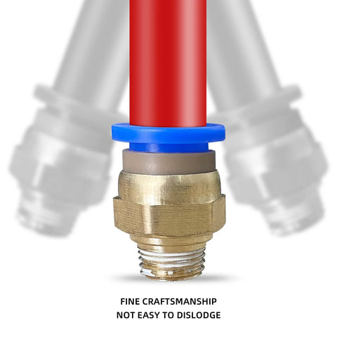 Front close-up of brass push-to-connect pneumatic fitting with blue release collar on red tube, 1/4 in G thread