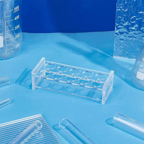Acrylic 10 Hole Test Tube Rack Display Stand For 5ml Tubes, Clear Lab Organizer with visible test tubes on a blue surface.