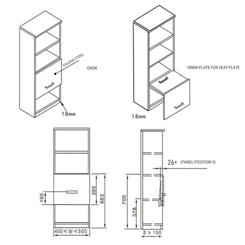 Diagram of folding seat stool bracket hinge with silent hydraulic buffer for heavy duty wardrobe closets and shoe cabinets.
