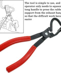 Exhaust hanger removal pliers with red handles and black jaws for rubber hangers
