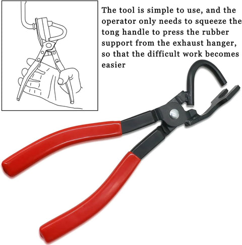 Exhaust hanger removal pliers with red handles and black jaws for rubber hangers