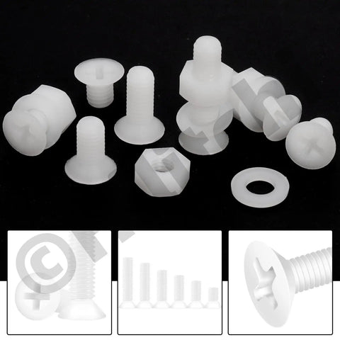 Badass White Nylon Pan Head Screw Kit M4 X 4 To 12 Mm Six Piece Assortment showing screws, nuts, and washers on black background.