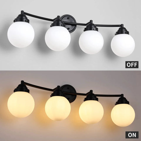 Matte Black Four Light Bathroom Vanity Fixture With Frosted Globe Glass Mid Century Modern Up Down Mount Over Mirror Lighting On Off