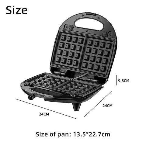 3 In 1 Breakfast Maker With Interchangeable Plates Electric Sandwich Waffle And Steak Press Stainless Steel Non Stick Coating 110V For Home Kitchen showing size dimensions and non-stick waffle plates.