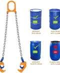 Heavy Duty 55 Gallon Drum Lift Chain Hoist For Steel And Plastic Drums, showing compatibility with different drum types.