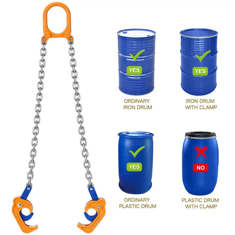 Heavy Duty 55 Gallon Drum Lift Chain Hoist For Steel And Plastic Drums, showing compatibility with different drum types.