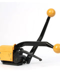 Hefty No Fuss Sealless Steel Strapping Tool And 3 In 1 Manual Metal Banding Machine with yellow handles and tensioner cutter.