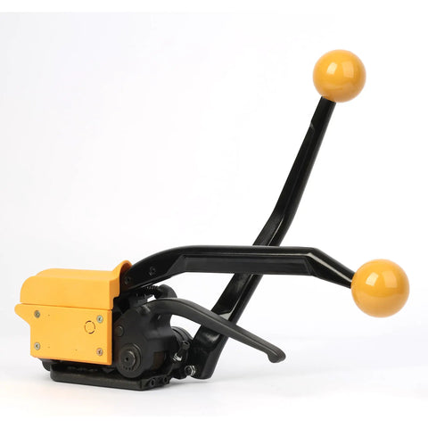 Hefty No Fuss Sealless Steel Strapping Tool And 3 In 1 Manual Metal Banding Machine with yellow handles and tensioner cutter.