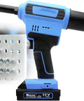 Heavy Duty Cordless Brushless Rivet Gun With 20 V Lithium Battery Pulls Over 1000 Rivets Without An Air Pump Quick One Touch Acton For Roofing And Metal Construction With 6 mm Stroke next to metal sheet with rivets.