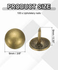 Total Breeze 100 Pcs Top Shelf Upholstery Tacks With 3/8 Inch Round Head And 0.35 Inch Length Smooth Metal Push Pins Vintage Thumb Nails, showing dimensions.