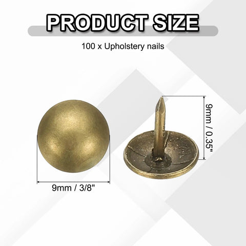 Total Breeze 100 Pcs Top Shelf Upholstery Tacks With 3/8 Inch Round Head And 0.35 Inch Length Smooth Metal Push Pins Vintage Thumb Nails, showing dimensions.